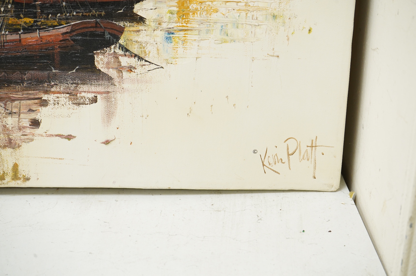 Kevin Platt (b.1945), Padstow Harbour and another harbour scene, each signed, two oils on canvas, one framed, largest 45 x 91cm